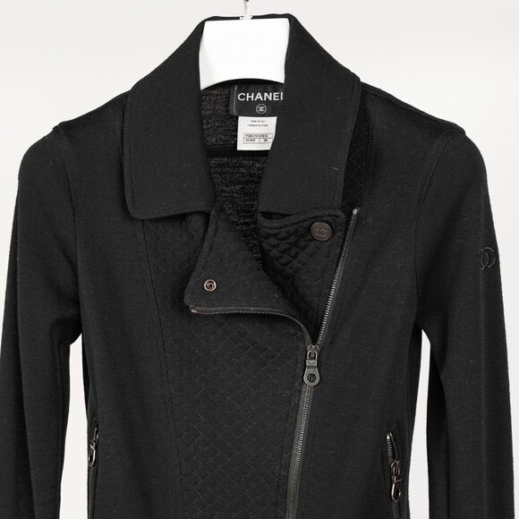 Chanel Black Wool Quilted Moto Jacket - Picture 3 of 12